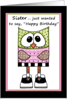 Happy Birthday for Sister- Green and Pink Spotted Owl in Saddle Shoes card