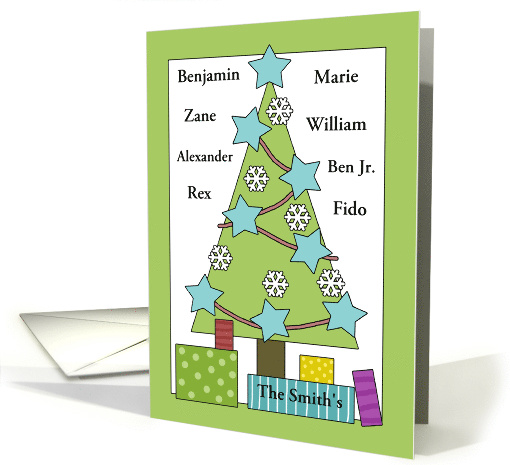 Customizable Names Christmas Tree with Snowflakes and Stars card