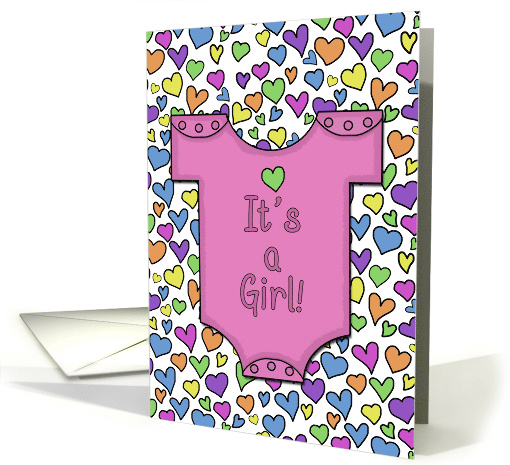 Congratulations on New Baby Girl Pink Onesie with Hearts card
