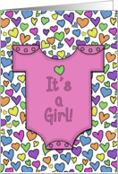 Congratulations on New Baby Girl Pink Onesie with Hearts card