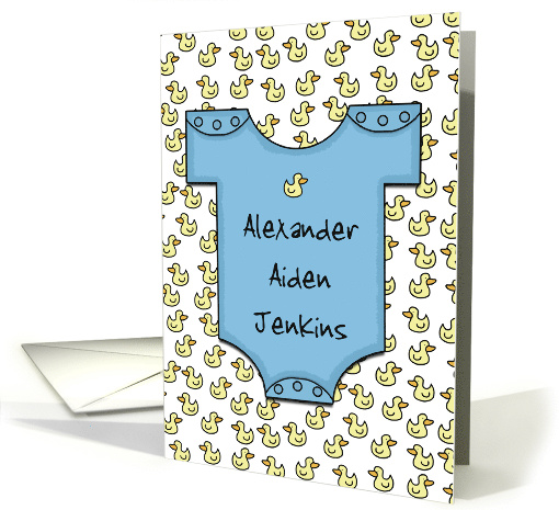 Customizable New Baby Boy Announcement Blue Onesie with Ducks card