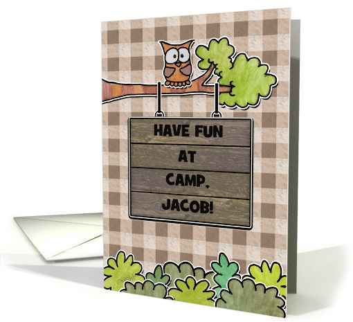 Customizable Name- Thinking of You-Summer Camp- Owl and Sign card