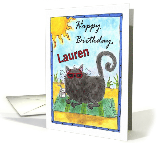 Happy Birthday for Lauren-name specific -Cool Beach Cat card (1229028)