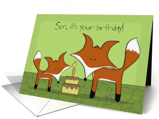 Customizable Happy Birthday for Son -Two Foxes with Birthday Cake card