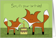 Customizable Happy Birthday for Son -Two Foxes with Birthday Cake card