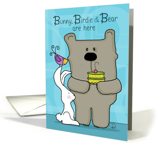 Happy Birthday for Brother- Bunny, Birdie and Bear with Cake card