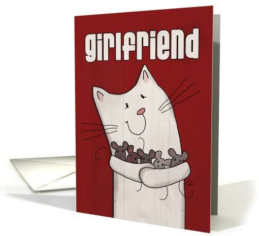 Happy Birthday Girlfriend White Barn Cat Holding Mice card (1240118)