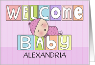 Personalized Name Welcome Baby Girl Colorful Blocks and Sleeping Baby card
