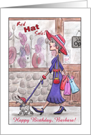 Customizable Name Happy Birthday Barbara- Lady in red hat with Poodle card
