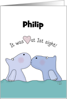 Customizable Name Happy Anniversary for Husband Kissing Hippos card