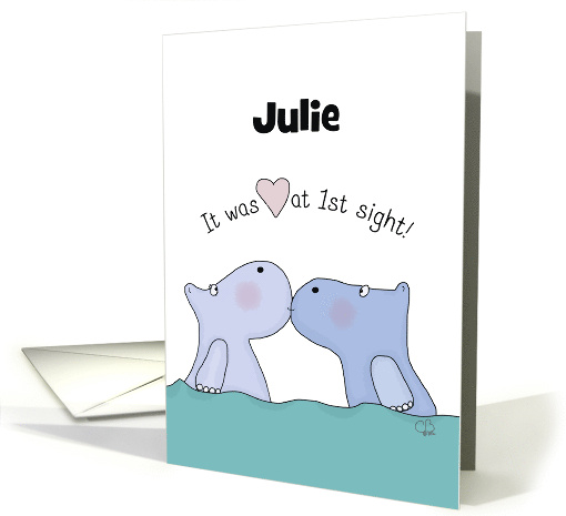 Customizable Name Happy Anniversary for Wife Julie Kissing Hippos card