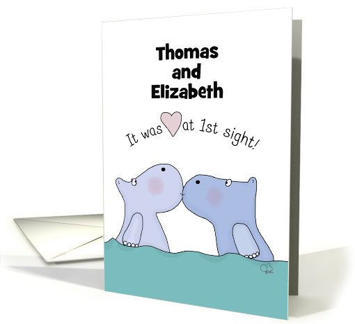 Customizable Names Happy Anniversary for Couple Kissing Hippos card