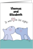 Customizable Names Happy Anniversary for Couple Kissing Hippos card