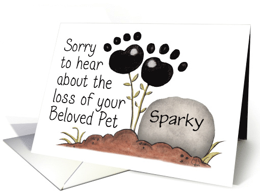 Customizable Name Pet Sympathy Paw Print Flowers and Gravestone card