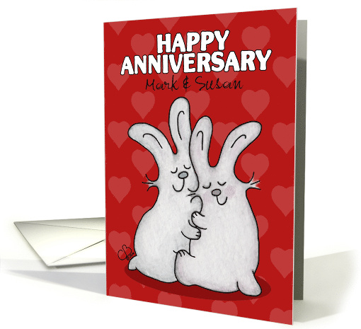 Customizable Names Happy Anniversary for Couple Cuddling Bunnies card