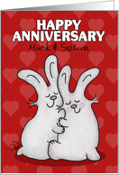 Customizable Names Happy Anniversary for Couple Cuddling Bunnies card