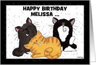 Three Shedding Cats Customizable Name Happy Birthday to Melissa card