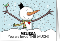 Snowman with Outstretched Limbs Personalized Name Melissa Christmas card