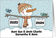 Snowman with Signs Customizable Date New Year’s 2022 Aunt Uncle Names card