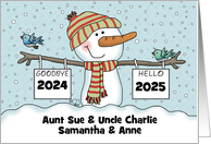 Snowman with Signs Customizable Date New Year’s 2024 Aunt Uncle Names card