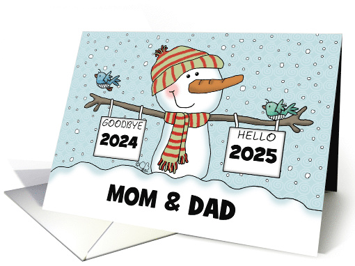 Snowman with Signs Customizable New Year's 2025 Mom and Dad card