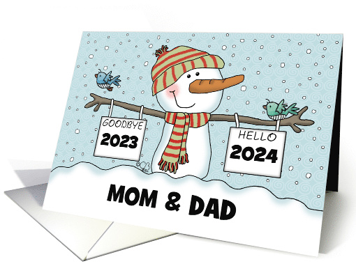Snowman with Signs Customizable New Year's 2024 Mom and Dad card