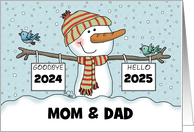 Snowman with Signs Customizable New Year’s 2024 Mom and Dad card