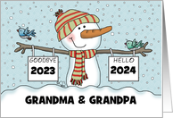 Snowman with Signs Customizable New Year’s 2024 Grandparents card