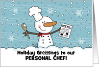 Snowman Chef Customize Merry Christmas to a Chef Food Service card