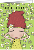 Whimsical Red Haired Girl Lying in Bed of Daisies Happy Birthday card