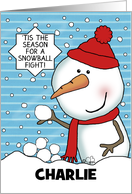 Snowman Snowball Fight Customizable Merry Christmas for Charlie card