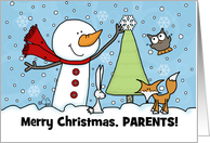 Snowman and Woodland Animals Customizable Merry Christmas for Parents card