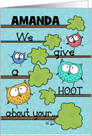 Customizable Birthday for Amanda We Give a Hoot Owls in Tree Limbs card