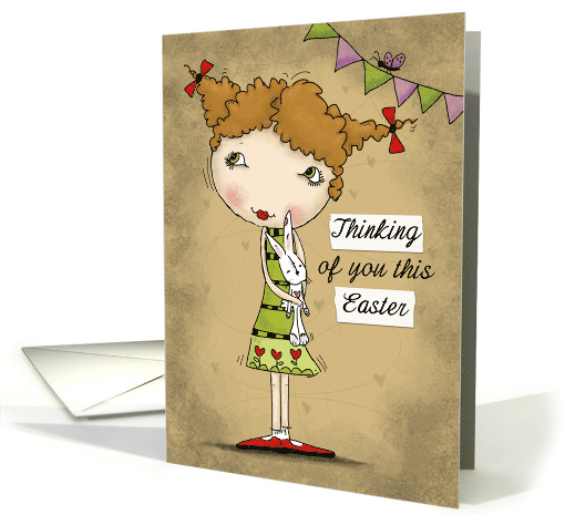 Thinking of you this Easter Little Girl with Stuffed Bunny Rabbit card