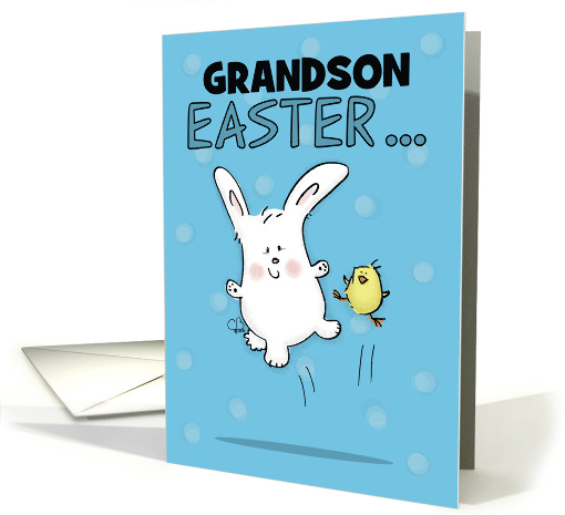 Hopping Bunny and Chick Customizable Happy Easter for Grandson card