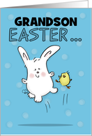 Hopping Bunny and Chick Customizable Happy Easter for Grandson card