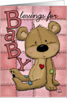 Congratulations on New Baby Girl Toy Bear against Pink Blocks Blanket card