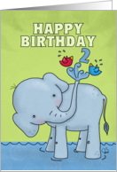 Happy Second Birthday Elephant Spraying Birds card