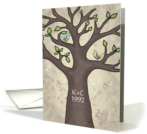 Customizable Initials Anniversary Tree with Birds Carved Initials card