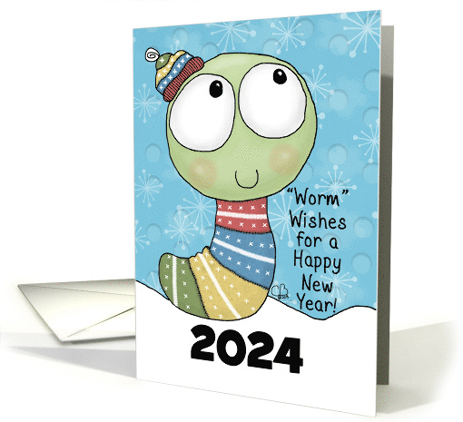 Customizable Year Happy New Year 2024 Worm Wishes Worm in Sweater card