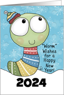 Customizable Year Happy New Year 2023 Worm Wishes Worm in Sweater card