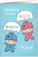Customizable Names Congrats Baby Twins Girl and Boy with Parachutes card