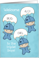 Customizable Names Congrats Baby Triplets Boy Babies with Parachutes card