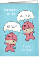 Customizable Names Congrats Baby Twins Girl Babies with Parachutes card