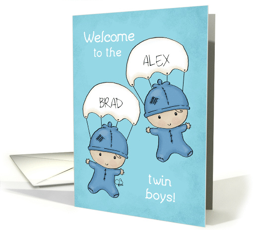 Customizable Names Congrats Baby Twins Boy Babies with Parachutes card