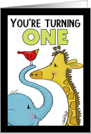 Happy Birthday for One Year Old Elephant Giraffe and Bird card