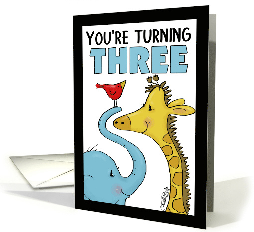 Happy Birthday for Three Year Old Elephant Giraffe and Bird card