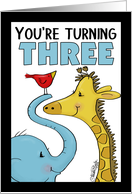 Happy Birthday for Three Year Old Elephant Giraffe and Bird card