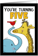 Happy Birthday for Five Year Old Elephant Giraffe and Bird card