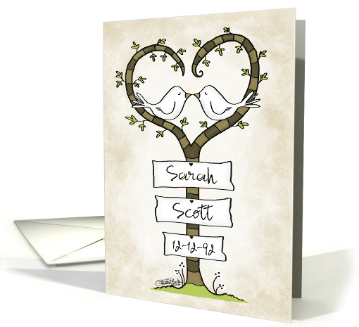 Customizable Names Happy Anniversary Love Doves in Heart Tree card